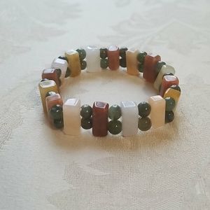 Natural Carnelian, Green Jade Stretch Bracelet